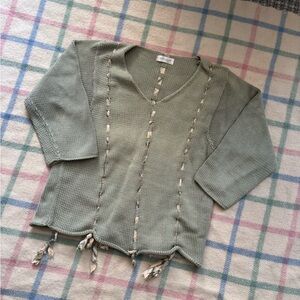 Krista Larson V-Neck Sweater in Sage Green with Ribbon Detail